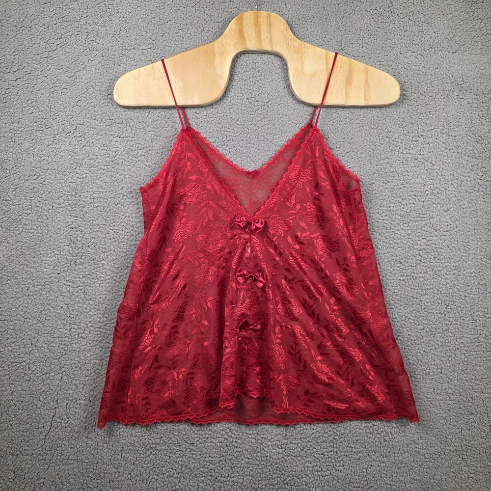 Lace Camisole Womens Size 1X Red Sheer Floral Bow Trim Lingerie Tank Top Made US